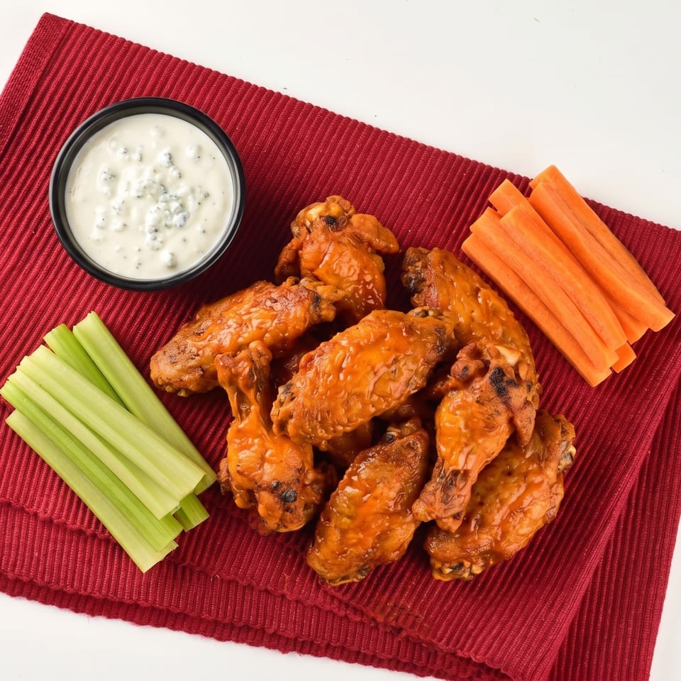Buffalo wings with blue cheese dip, celery sticks, and carrot sticks on a red placemat.