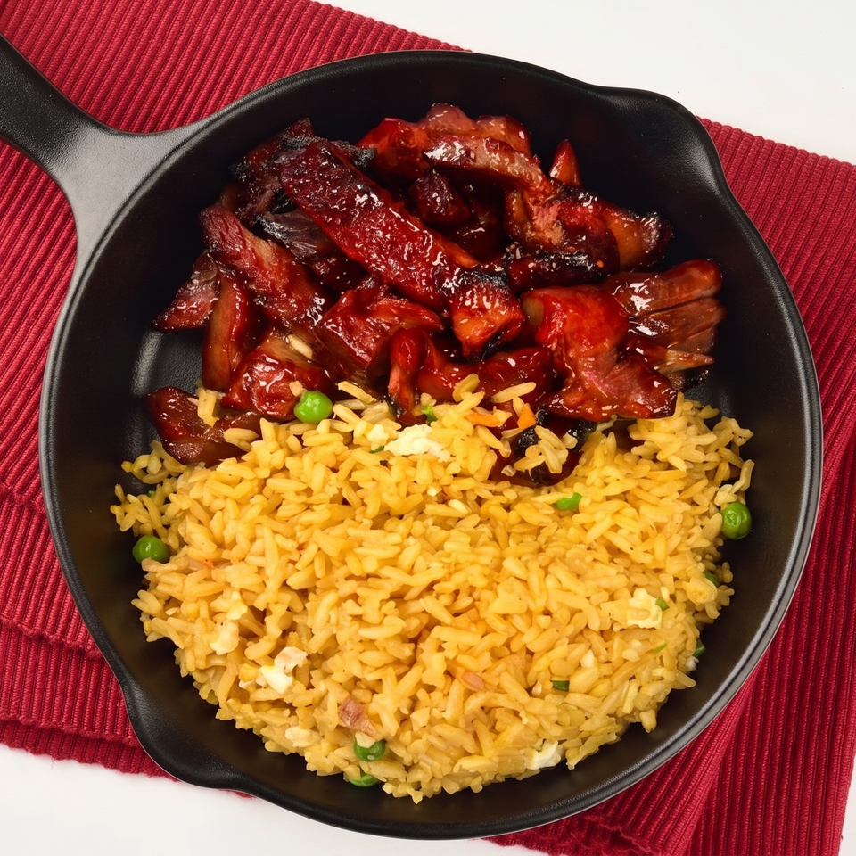 A black skillet holds glistening red char siu pork and golden fried rice with peas.