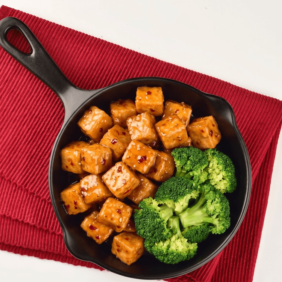 Sweet and sour tofu with broccoli florets in a black skillet on a red placemat.